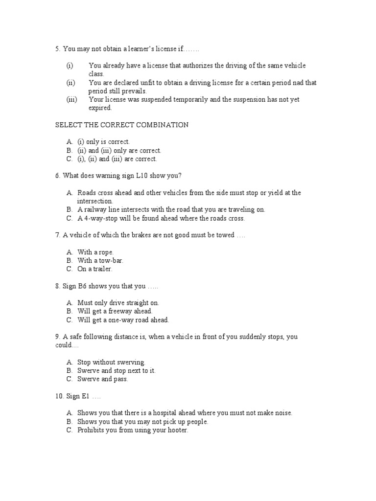 K53 Learners Licence Test Pdf Download