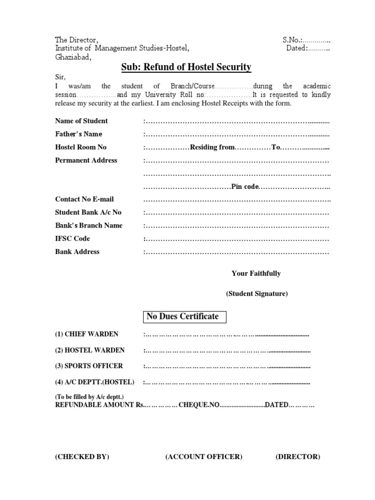 Hostel Security Refund Application | PDF