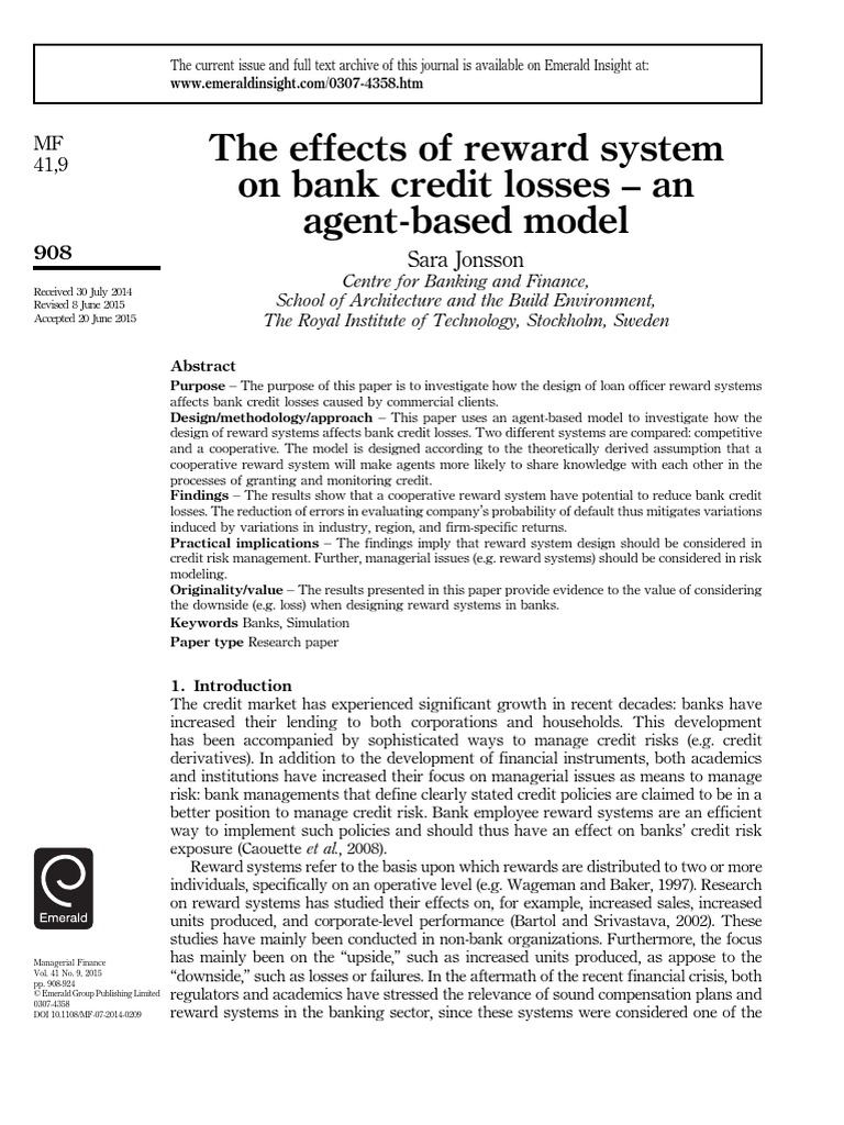 The Effects of Reward System On Bank Credit Losses An AgentBased