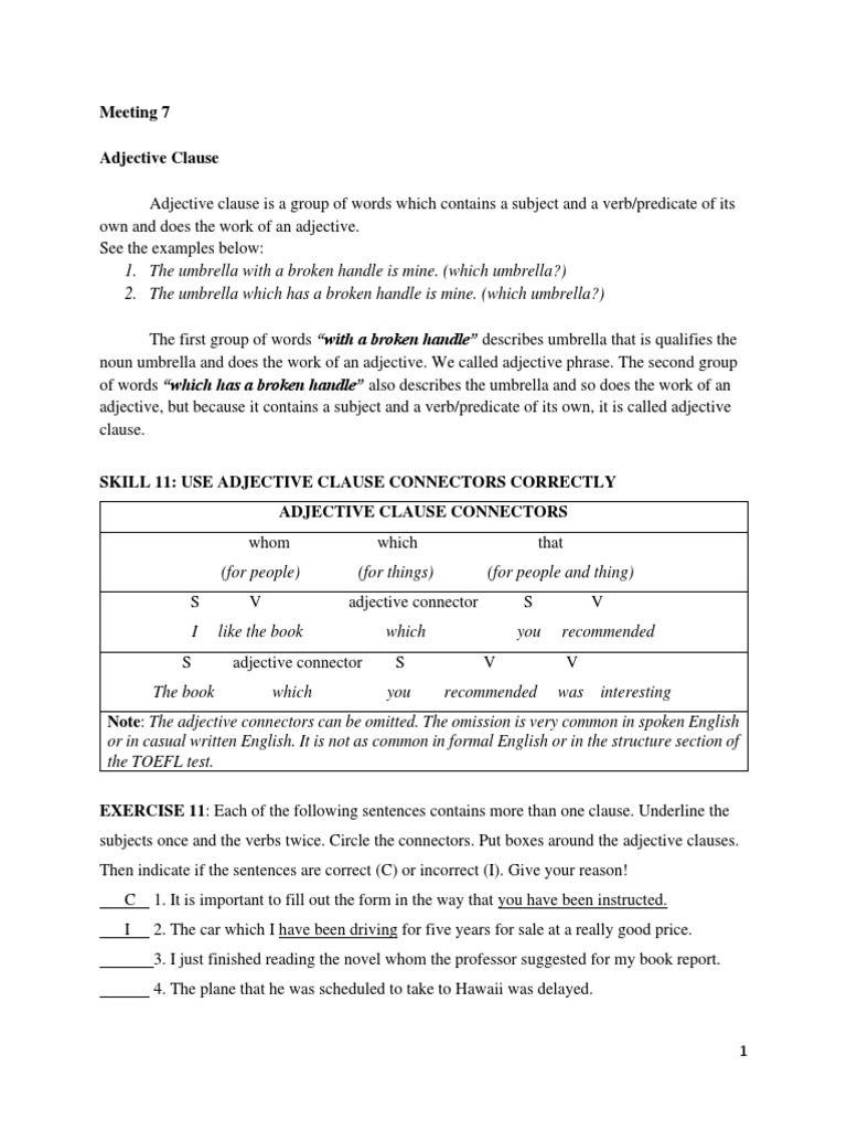 Meeting 7 Adjective Clause Adjective Subject Grammar