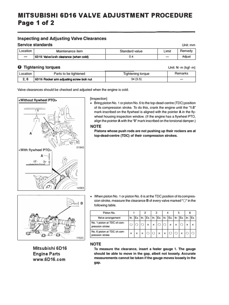 Mitsubishi 6D16 Valve Adjustment Procedure, Valve Lash Clearance