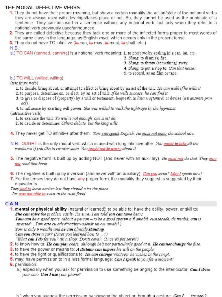 THE MODAL DEFECTIVE VERBS | Verb | Syntactic Relationships