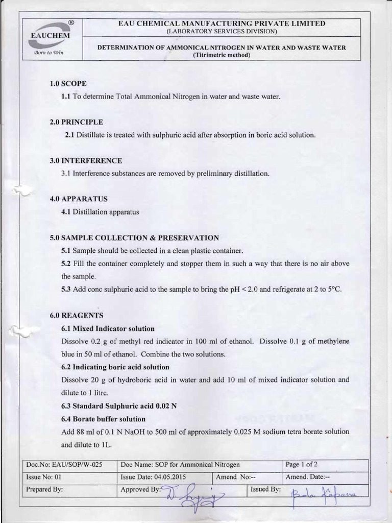 SOP For Ammonical Nitrogen | PDF | Titration | Chemistry