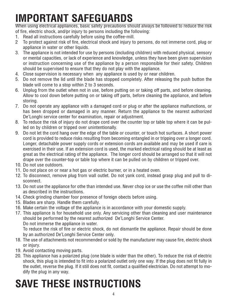 Delonghi Coffee Grinder kg49 Instruction Manual PDF PDF Ac Power Plugs And Sockets Home