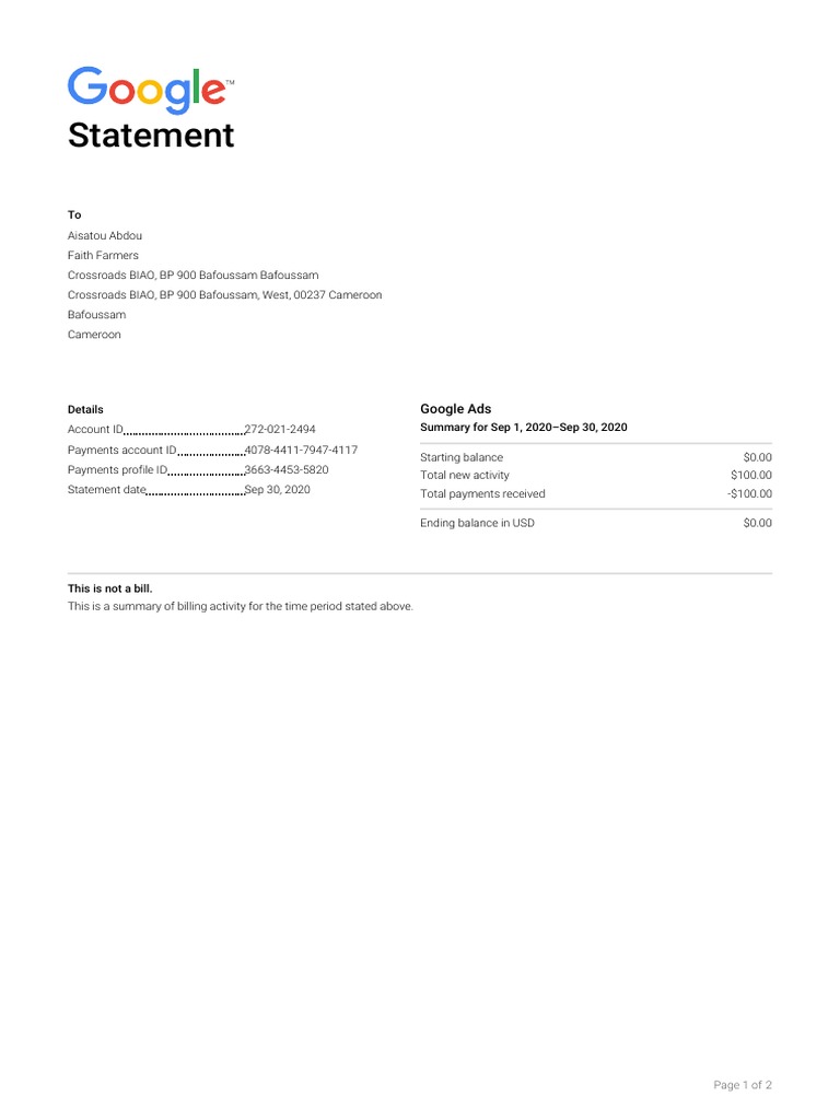 Google Ads Billing Summary - Sep 2020 | PDF | Payments | Services ...