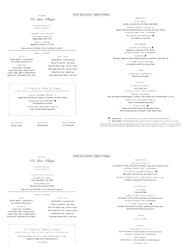 Silversea Dinner Menus PDF