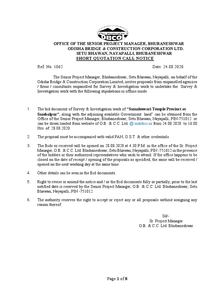 Short Quotation Call Notice Ref. No. 1062 Date. 24.08.2020. at Mdobcc
