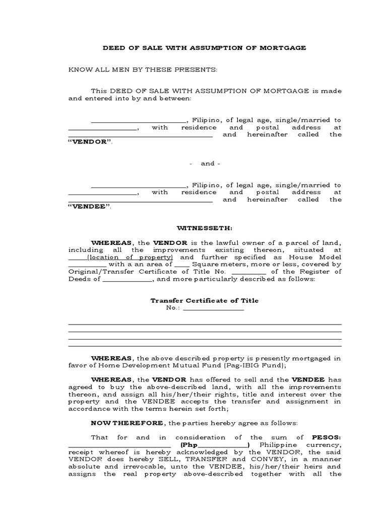 TEMPLATE Deed of Sale With Assumption of Mortgage PDF Mortgage
