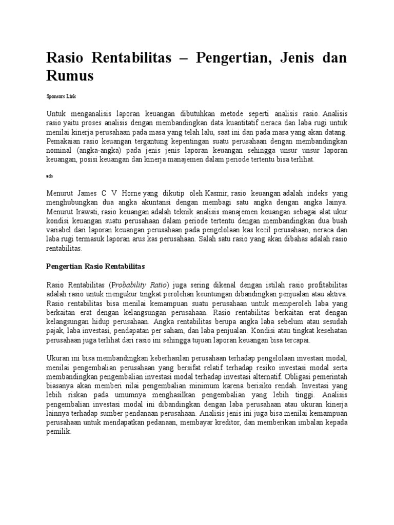 Rasio Rentabilitas: Pengertian dan Rumus | PDF