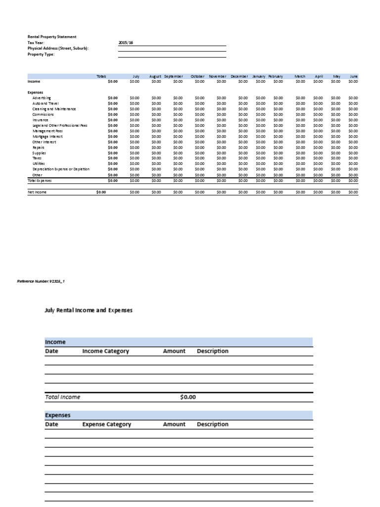 Rental Property Statement Tax Year: Physical Address (Street, Suburb ...