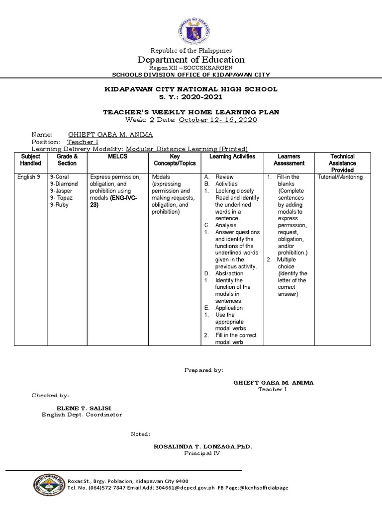 Weekly Learning Plan for English 9 | PDF | Syntax | Linguistics