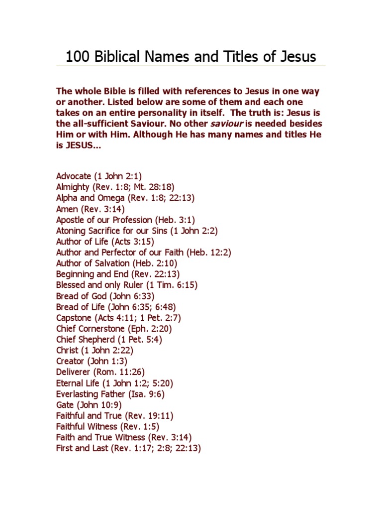 100 Names and Titles of Jesus | PDF | Salvation | First Epistle Of John