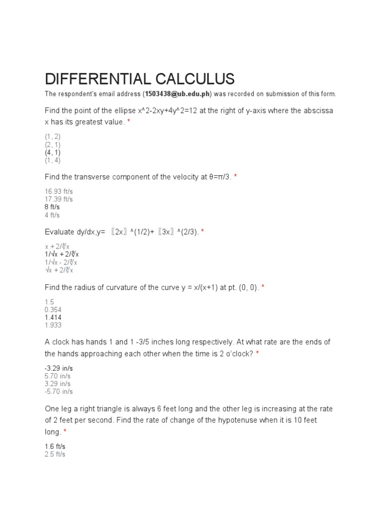 Differential Calculus Problems and Solutions | PDF | Curvature | Area