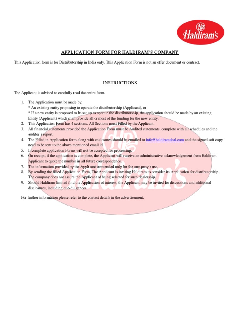 Haldiram Application Form Distributorship PDF Sole Proprietorship