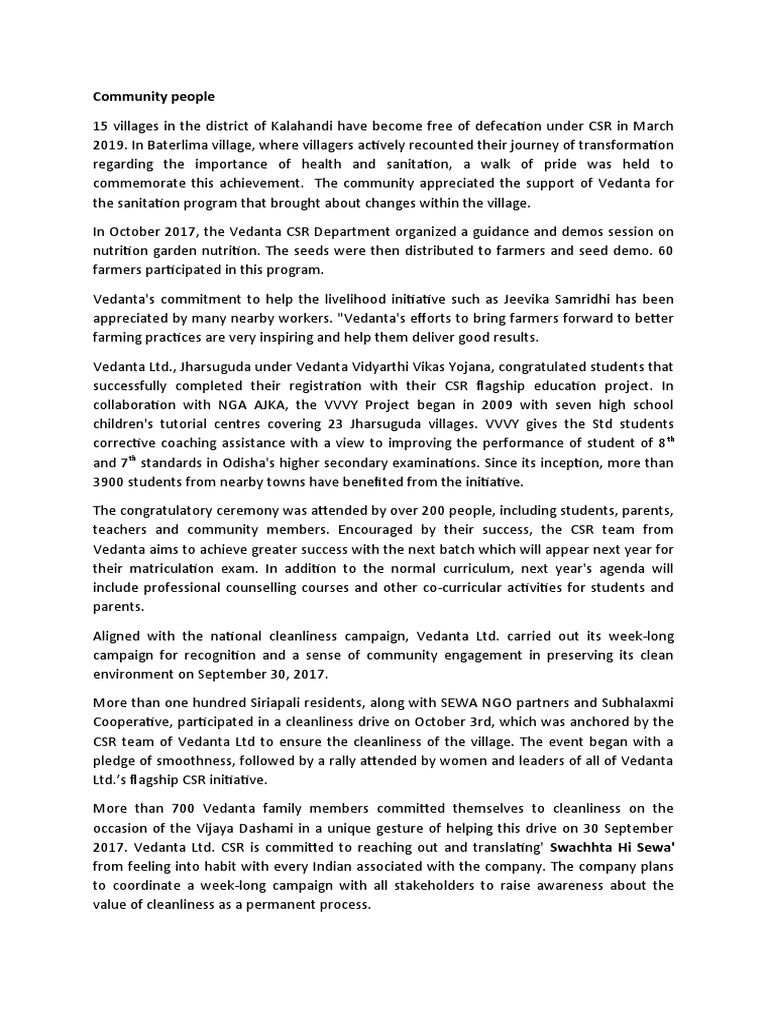 Vedanta's CSR Impact on Kalahandi Villages | PDF | Corporate Social ...
