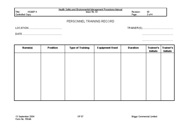 Health Safety Training Record Template | PDF