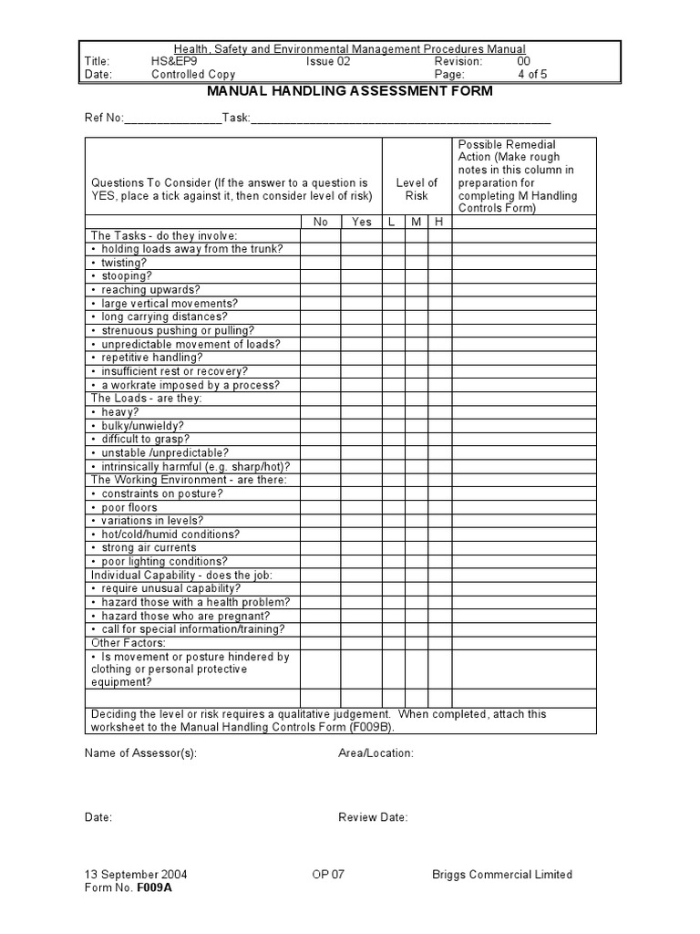 Manual Handling Risk Assessment Form | PDF