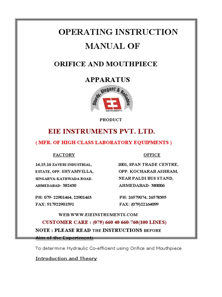 Operating Instruction Manual Of Orifice and Mouthpiece Apparatus PDF