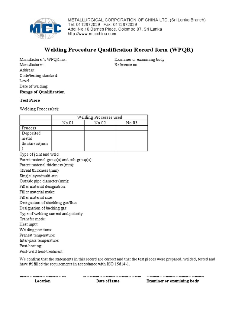 Welding Procedure Qualification Record Form (WPQR) : Range of ...