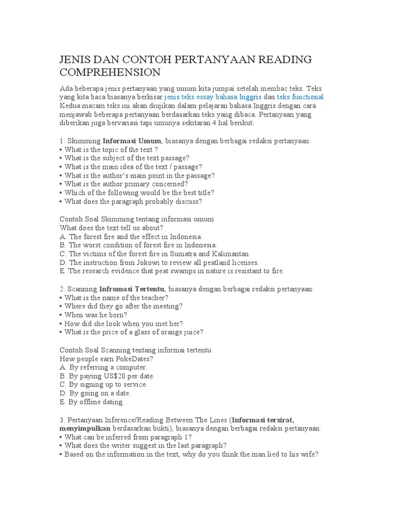 Jenis Dan Contoh Pertanyaan Reading Comprehension | PDF