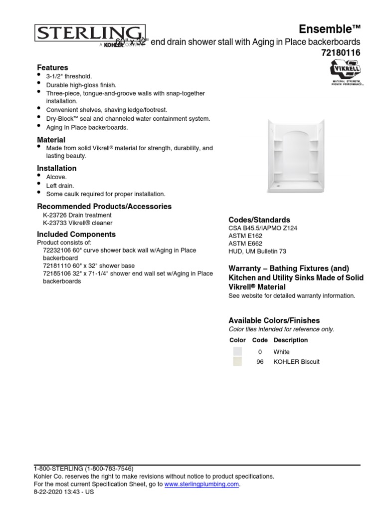 Ensemble 60" X 32" End Drain Shower Stall With Aging in Place