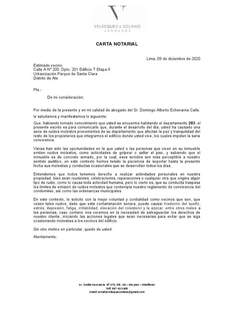 Carta Notarial Vecino Por Ruido Molesto Pdf Bienestar Medicina