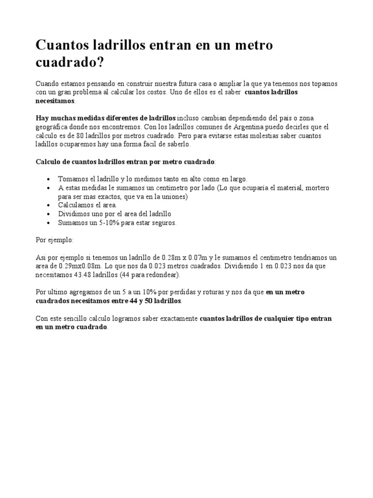 Un Metro Cuadrado Cuantos Centimetros Cuadrados Tiene Cuantos Ladrillos Entran en Un Metro Cuadrado | PDF | Science | Ciencia y  Tecnología