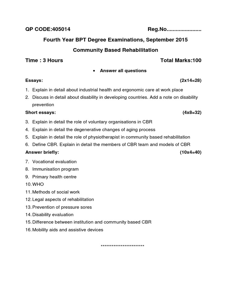 Community Based Rehabilitation Exam Paper | PDF