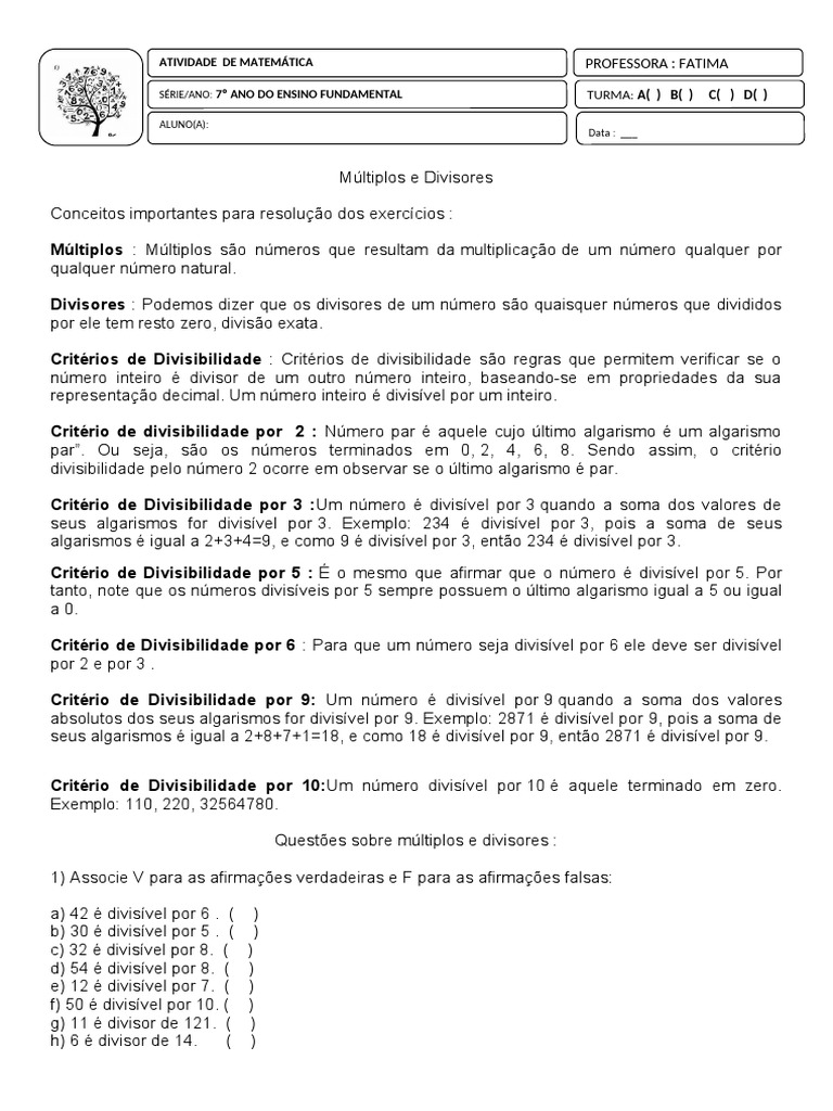 Múltiplos e Divisores: Exercícios 7º Ano | PDF
