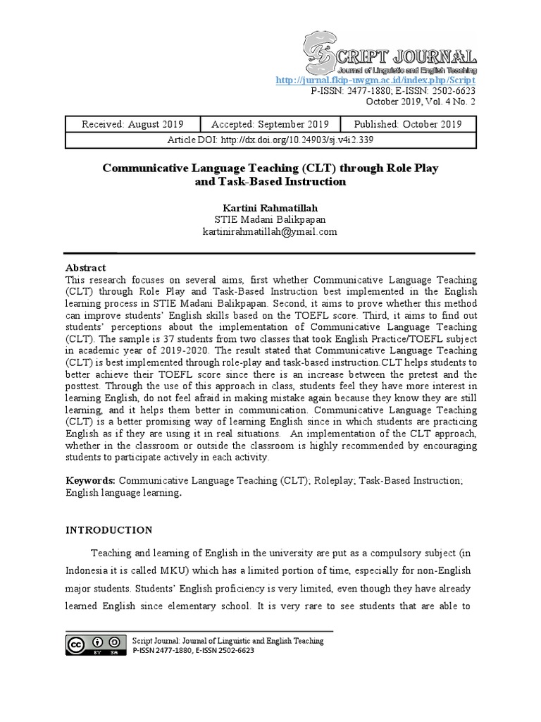 Communicative Language Teaching (CLT) Through Role Play and Task-Based ...