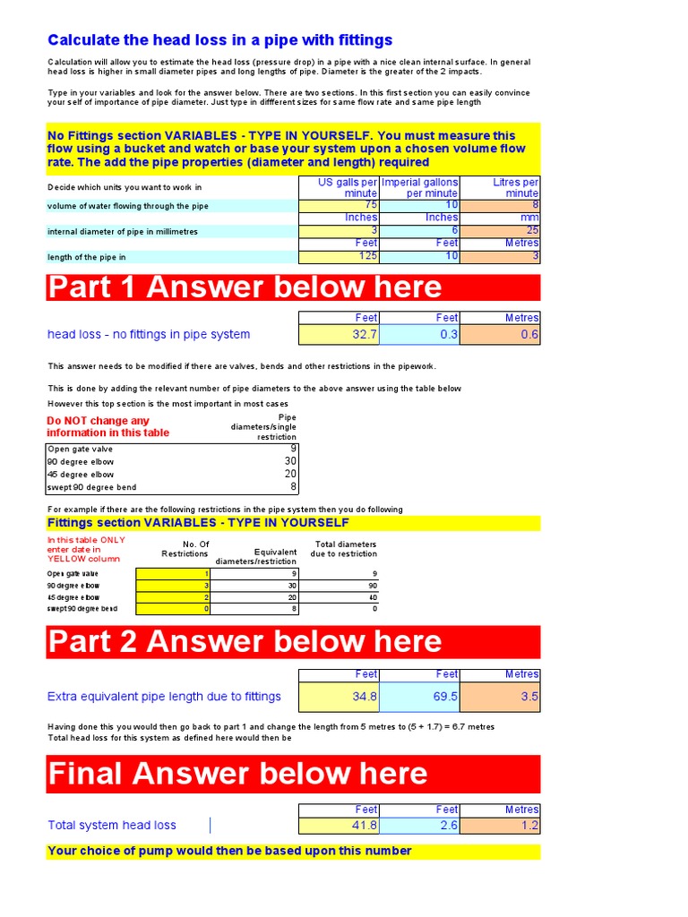Part 1 Answer Below Here Calculate The Head Loss in A Pipe With