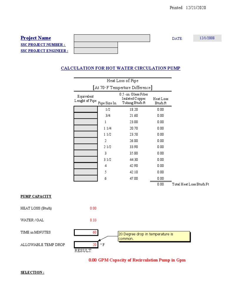 Project Name: Calculation For Hot Water Circulation Pump | PDF | Pipe ...