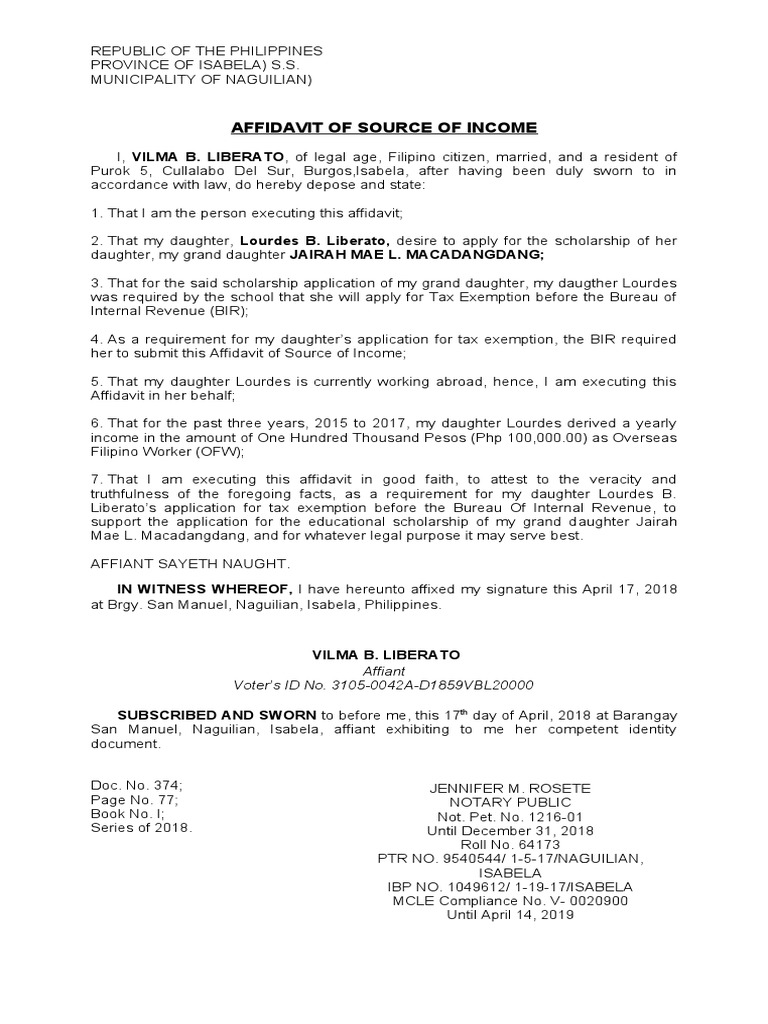 Affidavit Bir INDIGENCY Ofw | PDF | Affidavit | Government