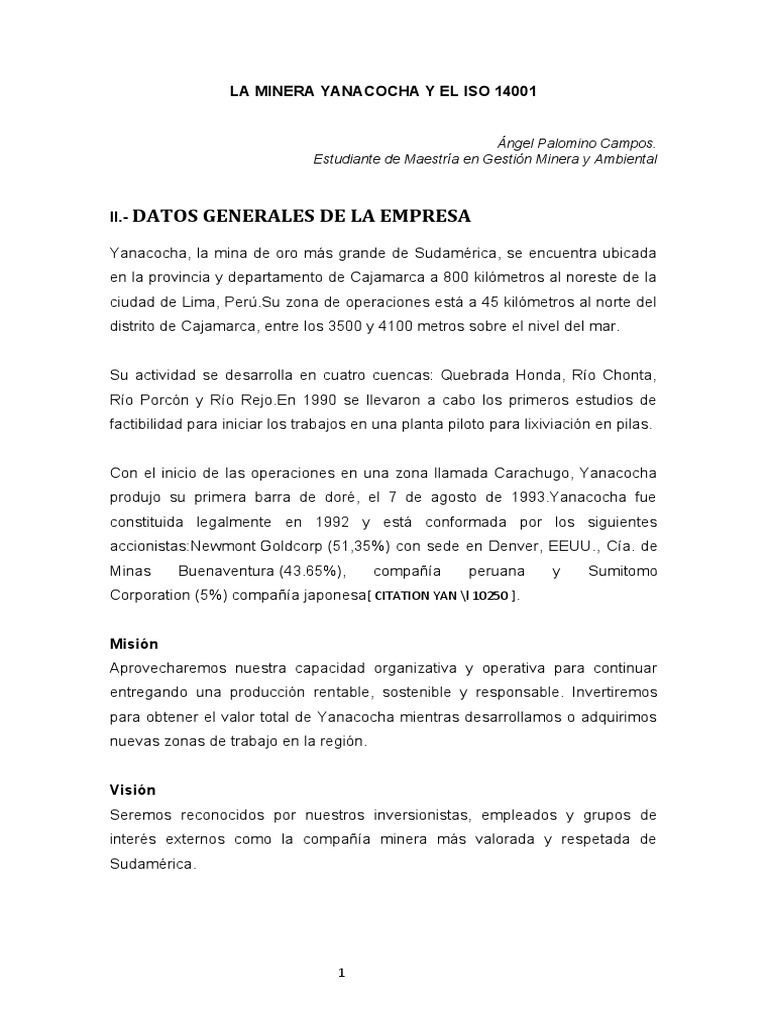 La Minera Yanacocha y El Iso 14001 | PDF | Política | Entorno natural