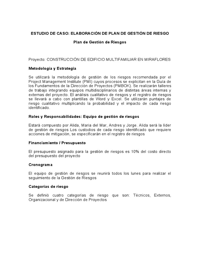 Plan de Gestión de Riesgos en Proyectos | PDF | Gestión de proyectos ...
