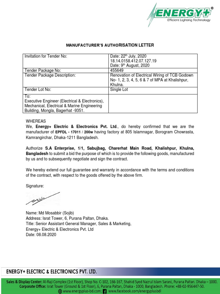 Manufacturer Authorization for TCB Tender | PDF | Business | Finance ...