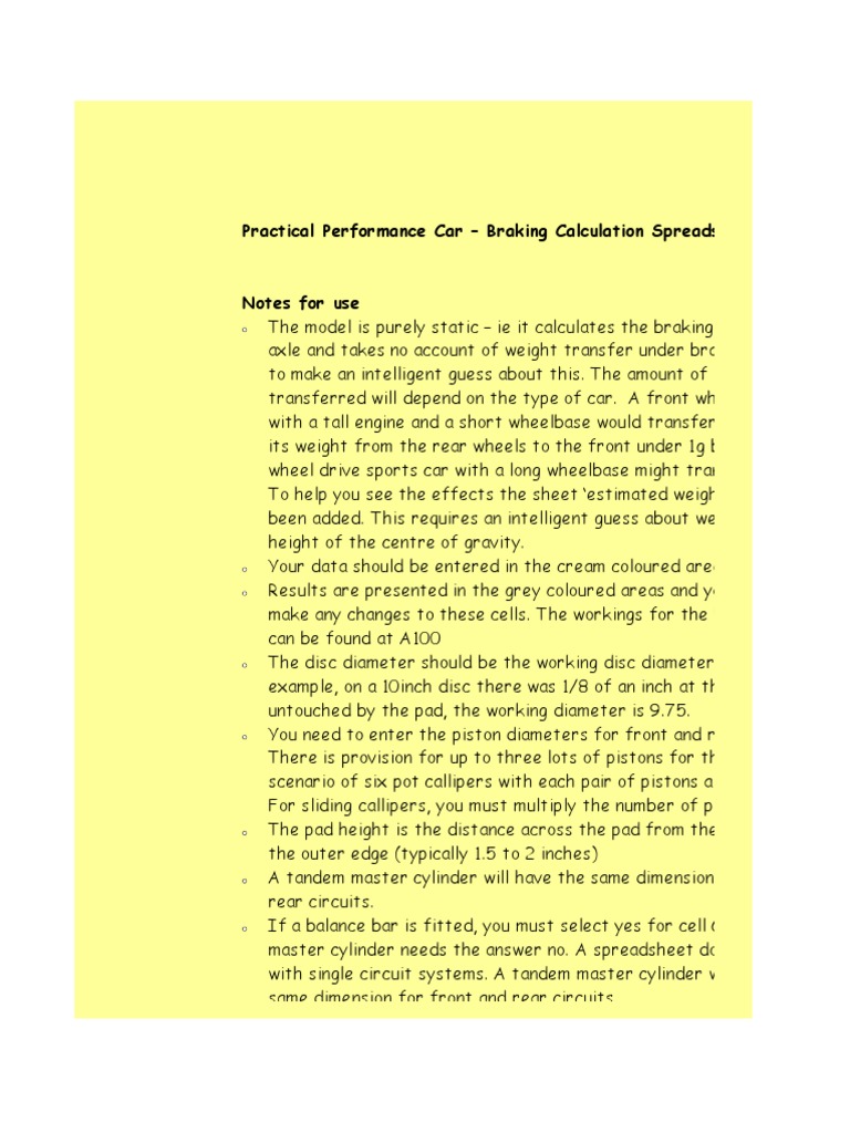 Practical Performance Car Braking Calculation Spreadsheet PDF