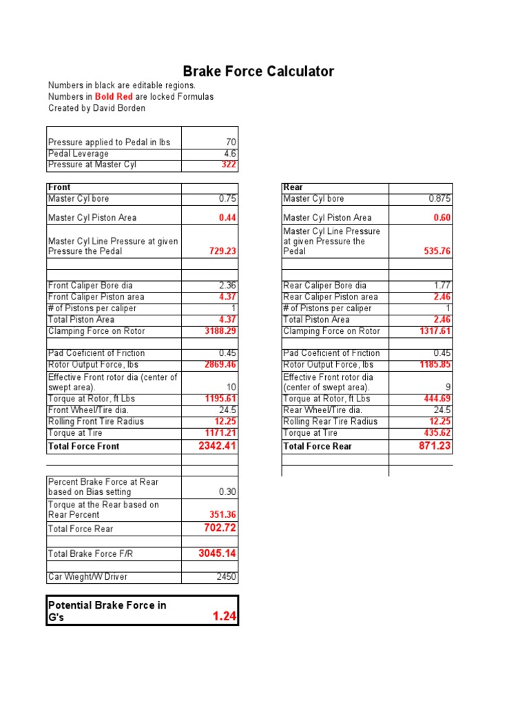Brake Force Calculator Bold Red PDF Brake Vehicles