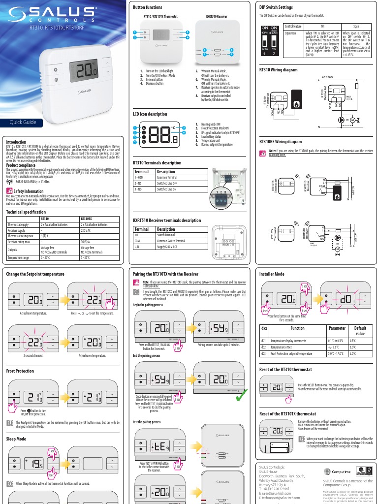 Button functions and DIP switch settings for thermostats RT310, RT310TX