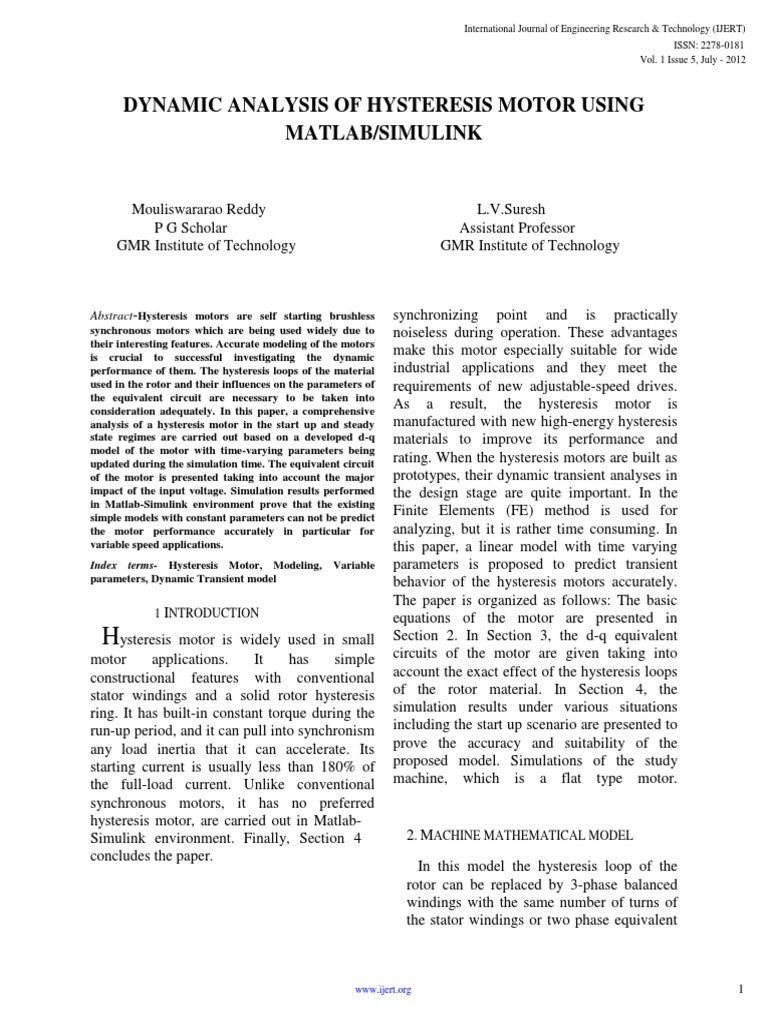 Dynamic Analysis of Hysteresis Motor Using Matlab Simulink PDF Electric Motor Hysteresis