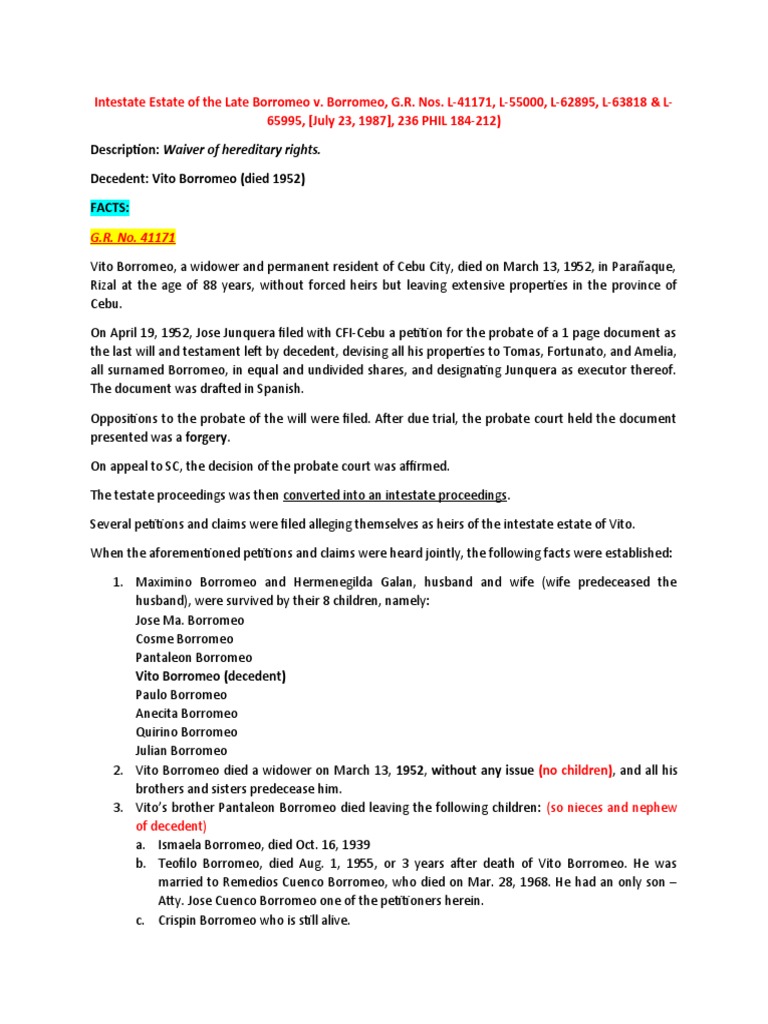 Analysis of Waiver of Hereditary Rights in an Intestate Estate and the Rights of an Alleged