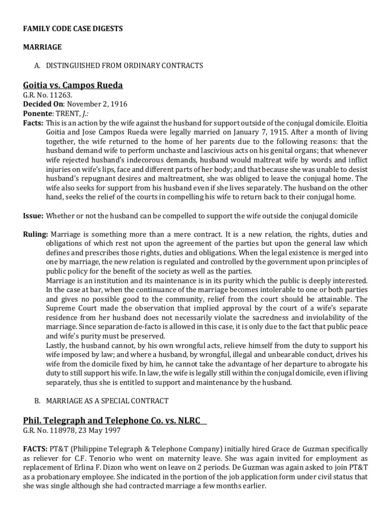 Analysis of Key Cases Defining Marriage and Spousal Rights and Duties