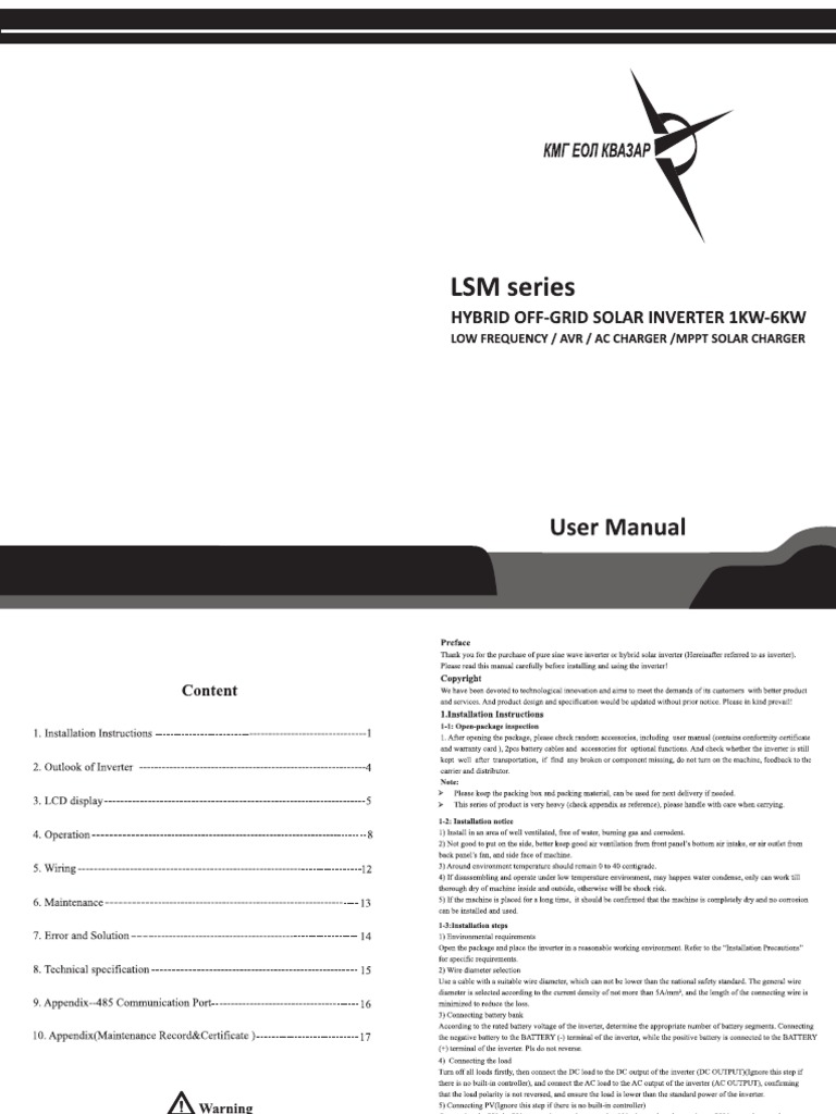User Manual - LSM Series Hybrid Off-Grid MPPT Solar Inverter 1KW-6KW | PDF