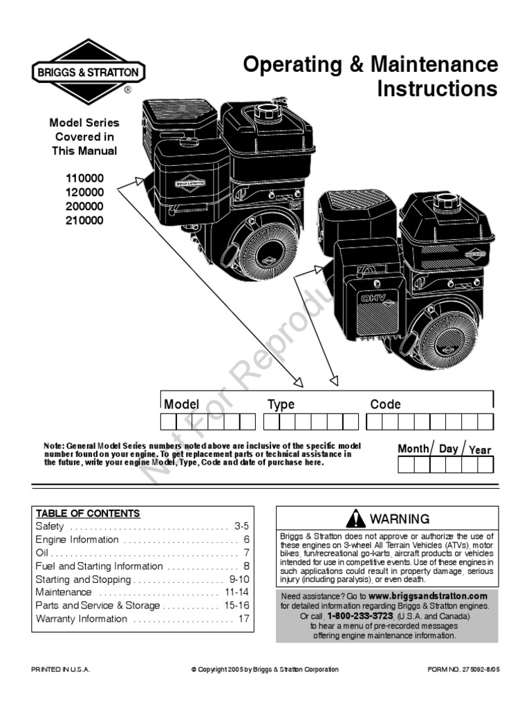 Plan Carburateur Tondeuse Briggs Et Stratton Schema Sur Modele 210000 B&S O&M Instructions - Form 275092-8/05 | PDF | Motor Oil | Gasoline