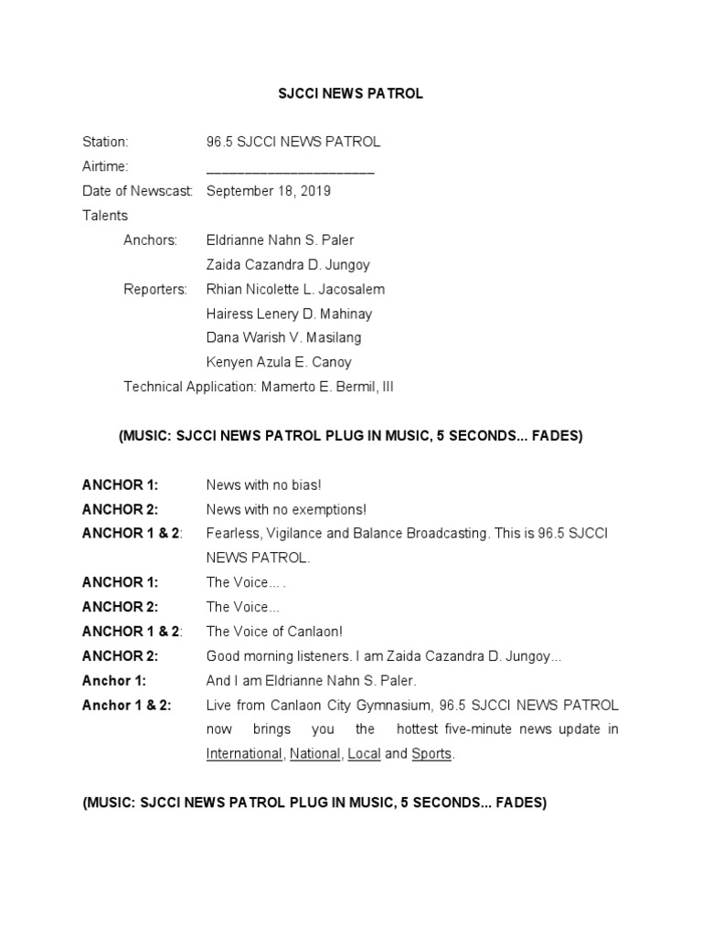SJCCI News Patrol Script Template | PDF | Broadcast Journalism ...