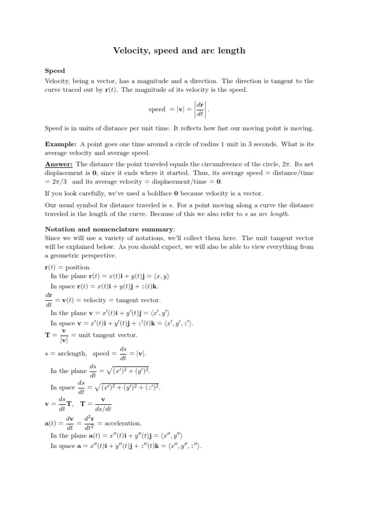 Velocity, Speed and Arc Length | PDF