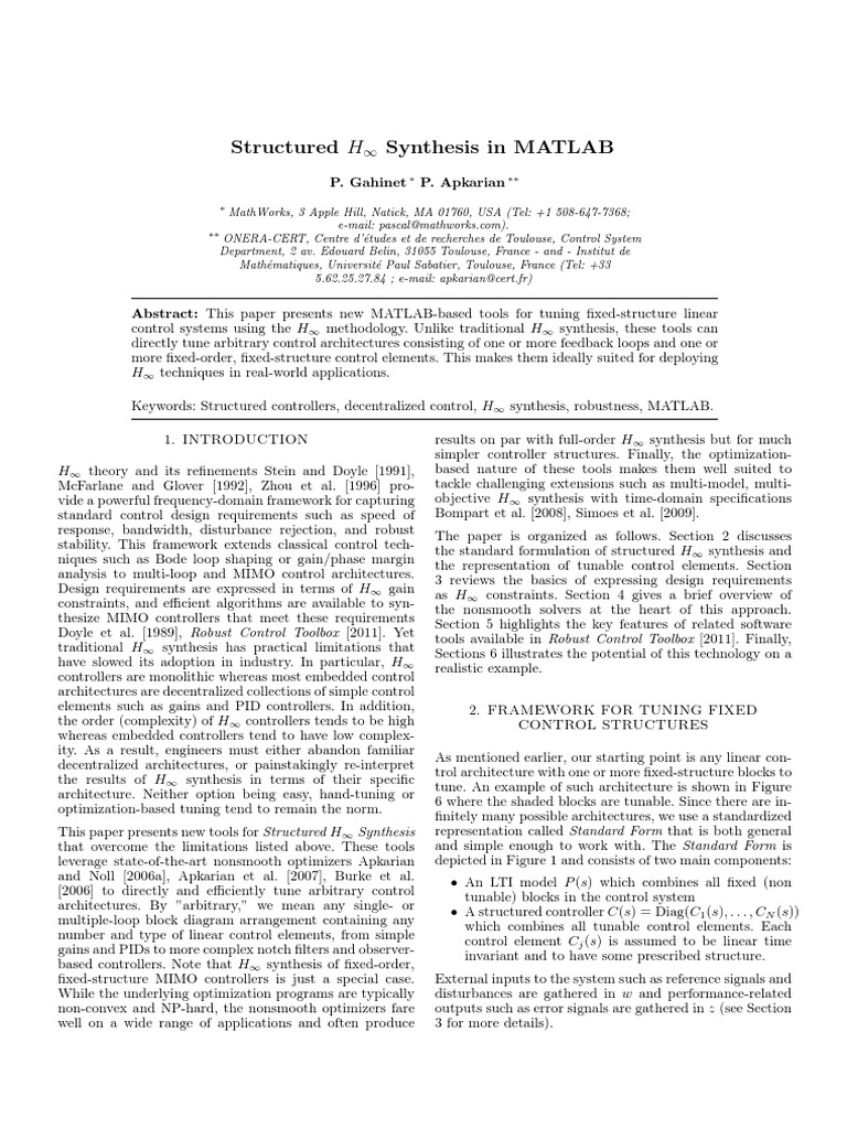 MATLAB Tools for Structured H∞ Synthesis | PDF | Control Theory ...