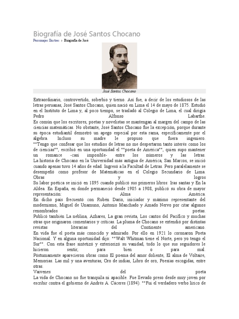 Biografía de José Santos Chocano | PDF | Poesía