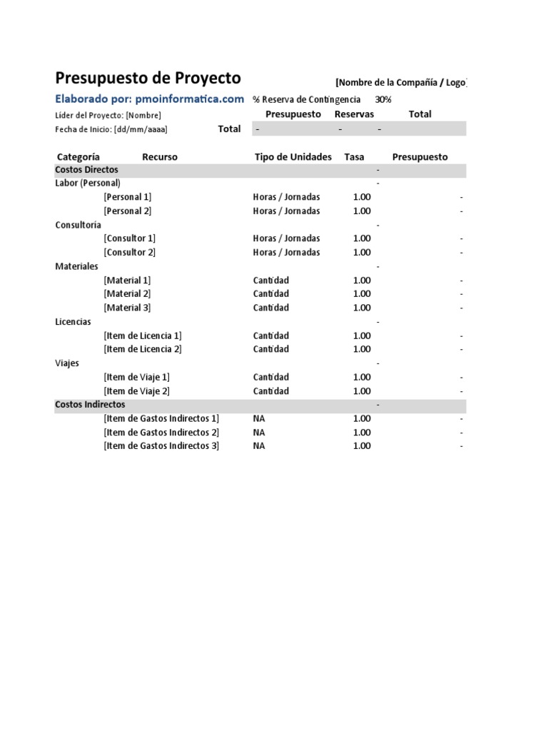 Presupuesto de Un Proyecto Plantilla | PDF | Presupuesto | Microsoft Excel