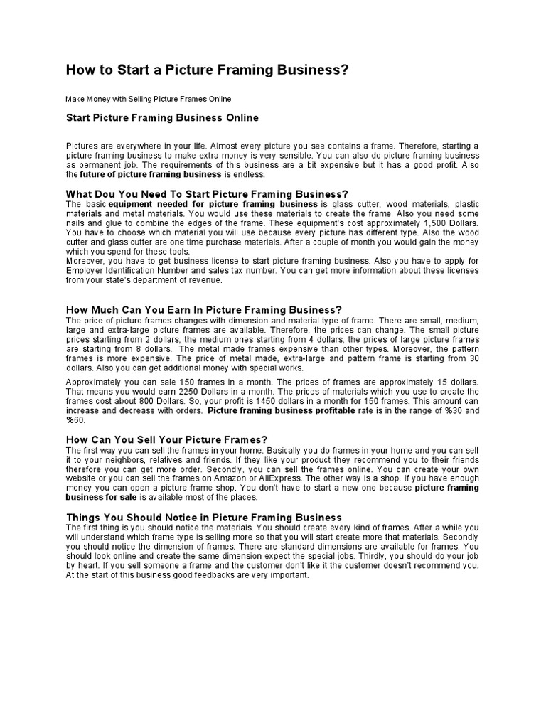 How To Start A Picture Framing Business PDF Prices Money
